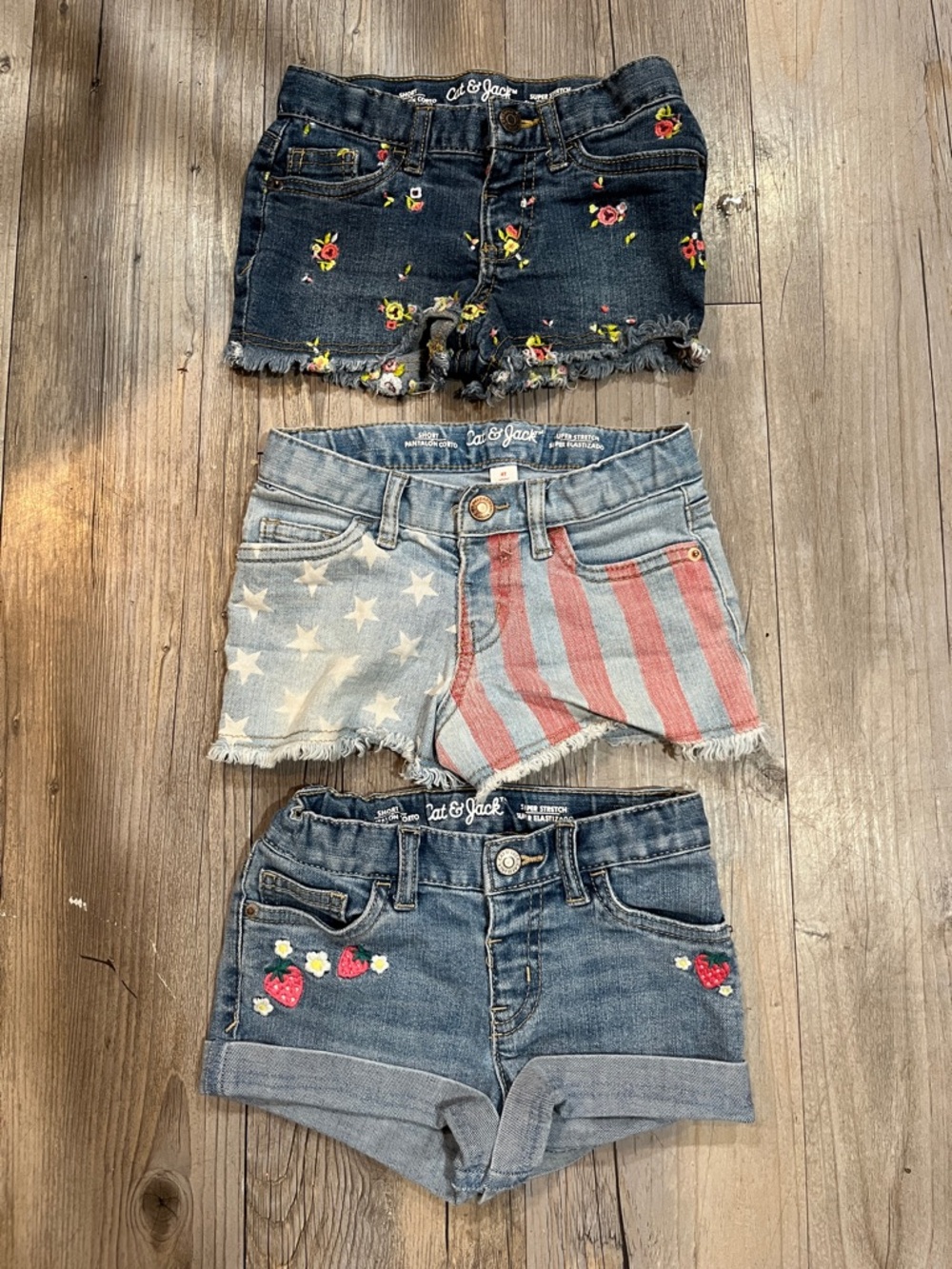 Lot of 3 Cat & Jack Girls Denim Shorts - Floral & Stars/Stripes - Blue
